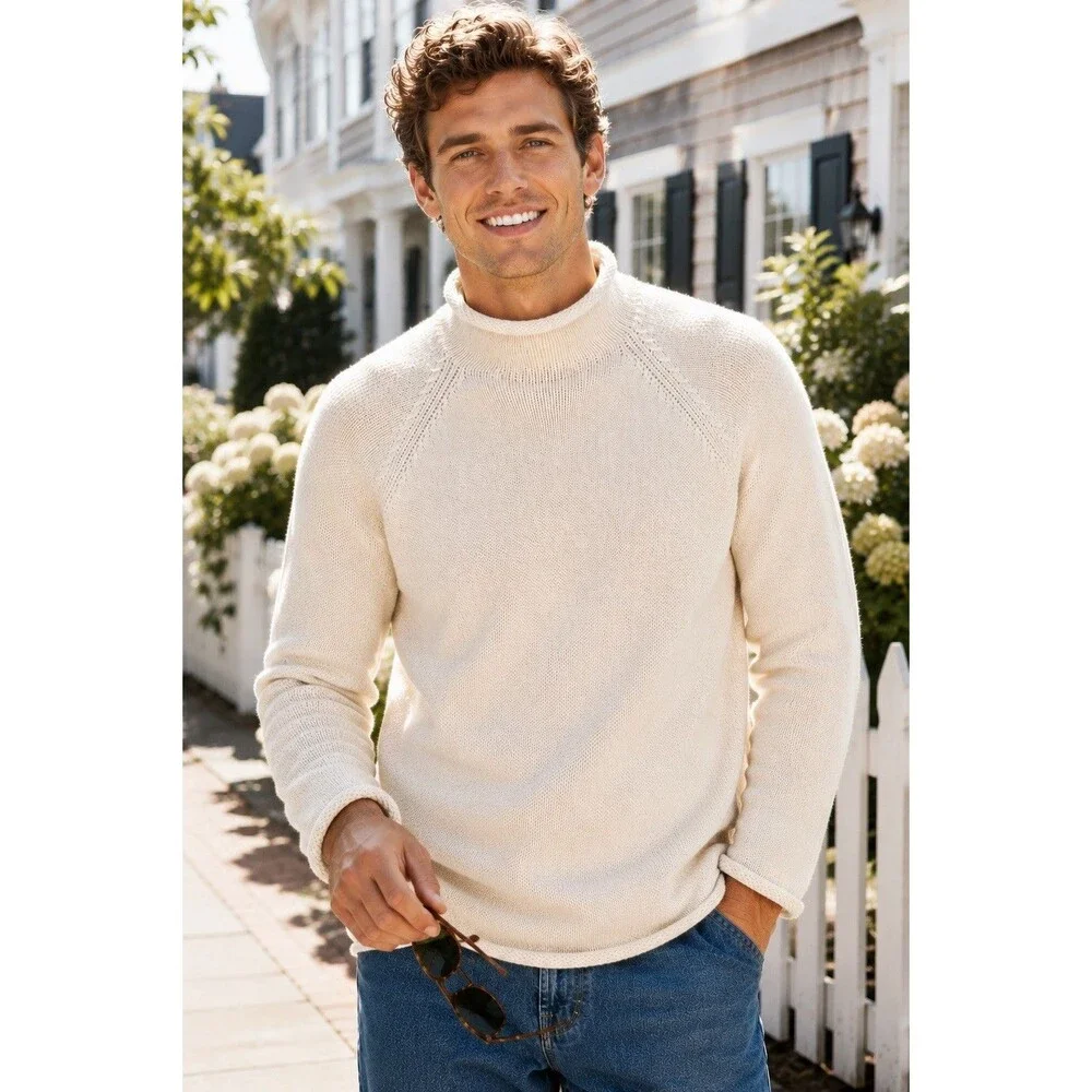 J Crew 1988 Rollneck Sweater Mens L Cream Cotton Preppy Coastal BW186‎